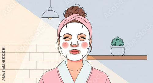 Woman enjoying facial mask treatment in a serene bathroom setting with soft lighting and calming decor
