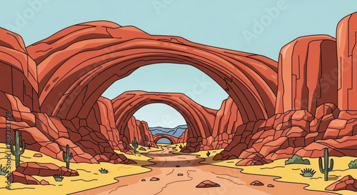 Desert landscape with red rock formations and arches sandy terrain cacti and clear blue sky perfect for adventure and travel themes
