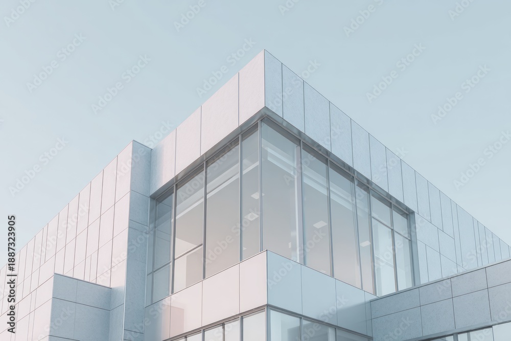 Fototapeta premium Modern building with clean lines and large glass windows reflects sky.