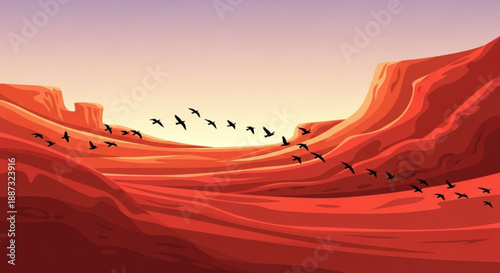 Flock of birds flying over red desert landscape with rocky formations at sunset serene atmosphere digital illustration warm colors