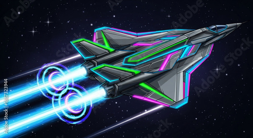Futuristic gray fighter jet with neon green and blue accents flying through dark space with glowing blue laser beams