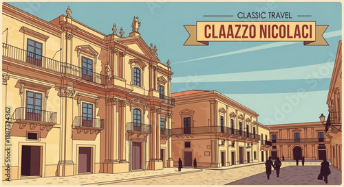 Vintage style illustration of historic italian buildings with people walking in the street classic travel banner claazzo nicolaci
