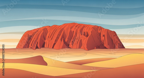 Large red rock formation in desert landscape with sand dunes and blue sky background illustration