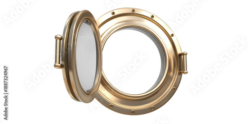 A Realistic 3d Render of an Open Round Brass Ship Porthole with Glass and Rivets Isolated on a Transparent Background for Design