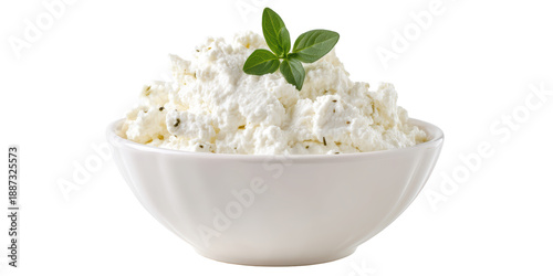 A White Ceramic Bowl Filled with Fresh Cottage Cheese or Curd Cheese with Herbs and Garnished with a Green Basil Leaf on a Transparent Background.