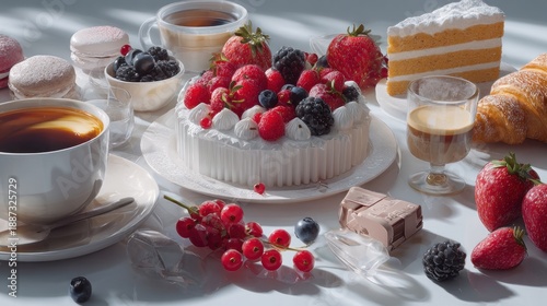 Delicious assortment of fresh berries assorted cakes and coffee for breakfast or tea time with