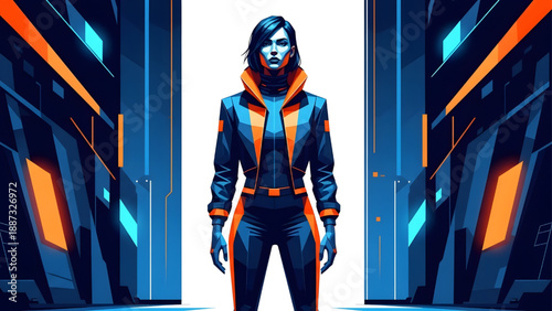 Futuristic female character vector illustration standing in sci-fi corridor