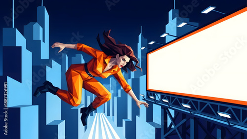 Low poly vector illustration of a woman in an orange jumpsuit jumping past a large blank billboard in a blue futuristic city
