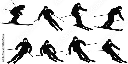 Alpine skiing silhouettes set showing downhill skiers carving turns with poles, dynamic winter sport action poses isolated in black for training, competition, illustration, and design use