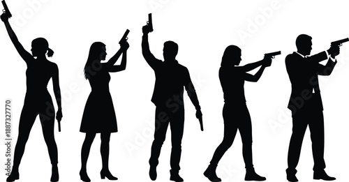 Armed people silhouettes set showing men and women holding handguns in action poses, isolated black figures for security, crime, action movie, illustration design