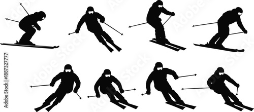 Alpine skiing silhouettes collection showing downhill skiers carving turns with poles, dynamic winter sport action poses isolated in black for competition, training, illustration, 