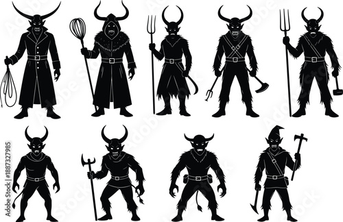 Demonic devil warrior silhouettes collection with horns and weapons, dark fantasy black vector illustration for mythology, occult, horror characters and evil force concepts