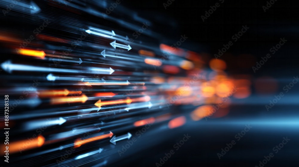 Fototapeta premium Blurring arrows of light streak forward in a dynamic digital stream.