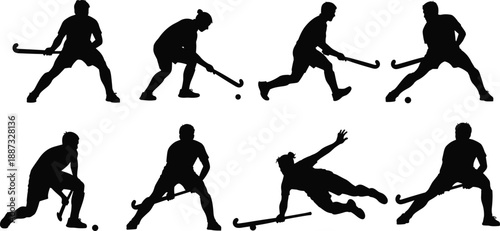 Field hockey players silhouettes set in dynamic attacking defending and diving poses, black vector illustration for sports competition training teamwork and athletic action concepts