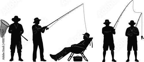 Fishing men silhouettes set showing anglers with rods, nets and chair, relaxing and catching fish poses isolated on white background for outdoor sport, leisure, hobby illustration design