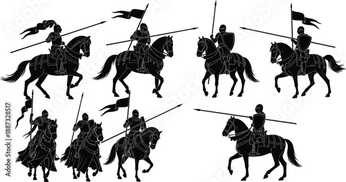 Medieval cavalry knights on horseback with lances and banners in dynamic combat poses, black silhouette warrior illustration isolated on white background