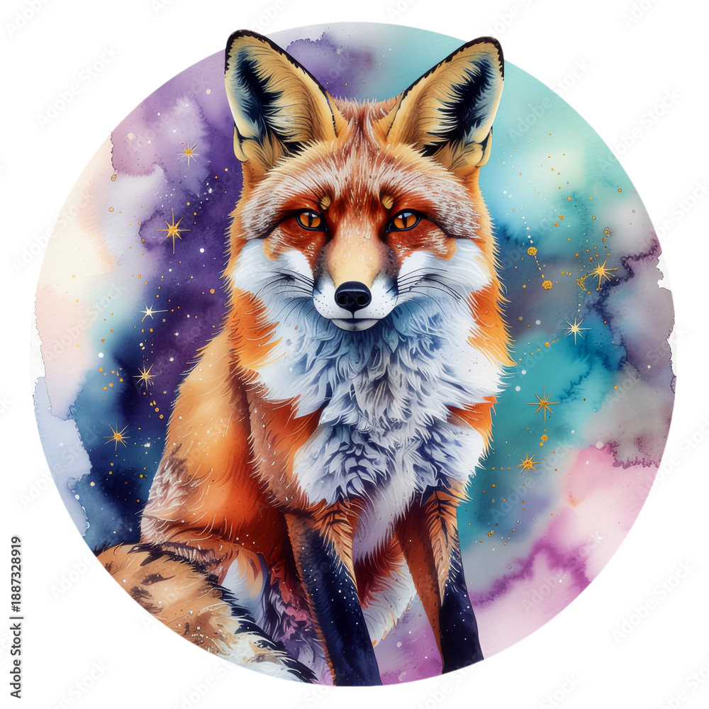 Obraz premium Cute Watercolor Fox Illustration with Magical Night Background