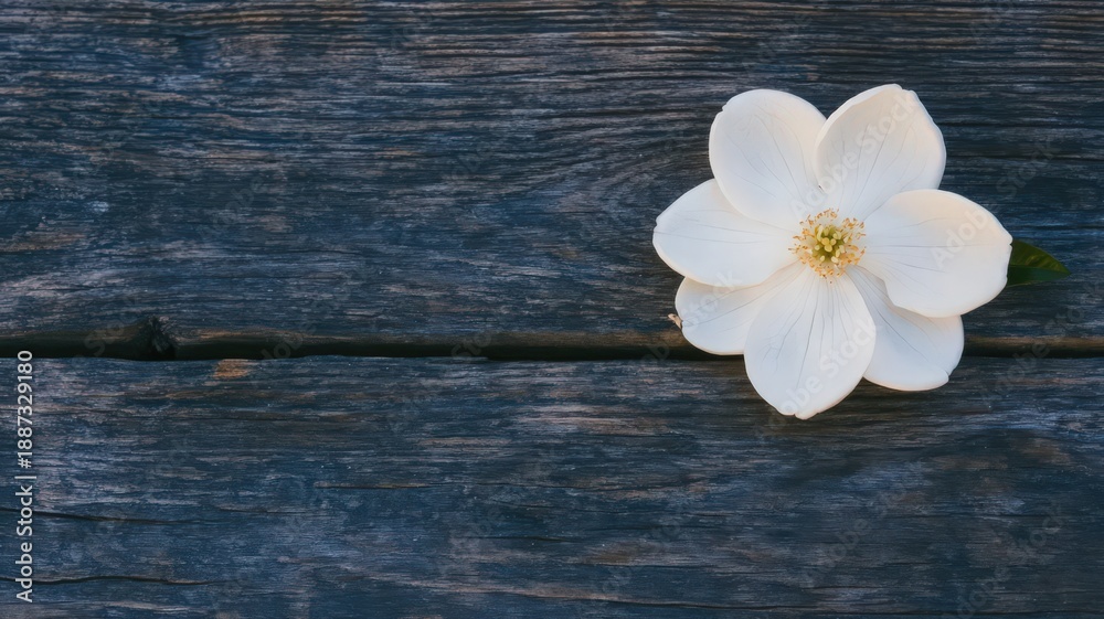 Fototapeta premium A Single White Gardenia Flower Resting Elegantly on a Dark Wooden Surface