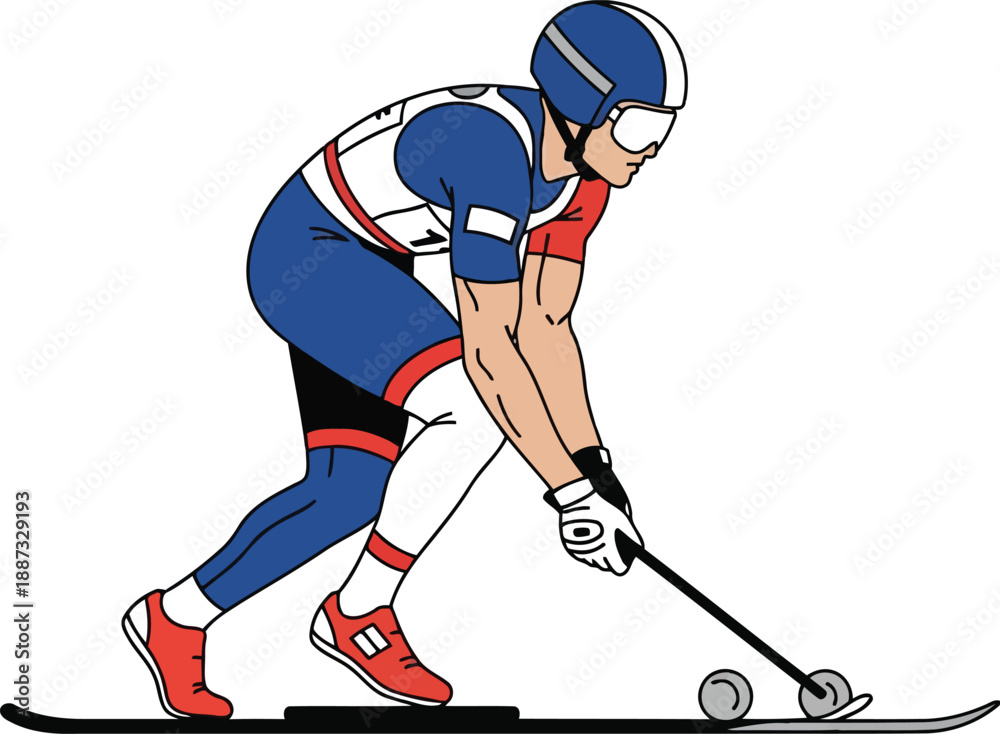 Obraz premium Dynamic winter sport athlete racing downhill on skis holding stick and puck illustration vector