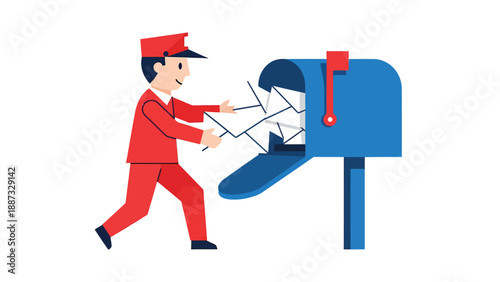 Postman Delivering Mail to Blue Mailbox Illustration