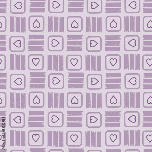 Hearts in Geometric Squares in Shades of Muted Lavenders for a Cute Valentine Design Creating a Seamless Pattern Print