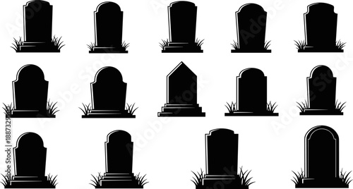 Gravestone and tombstone silhouette collection, cemetery grave markers set, spooky Halloween graveyard vector icons isolated on white background black memorial stone monument symbols clipart