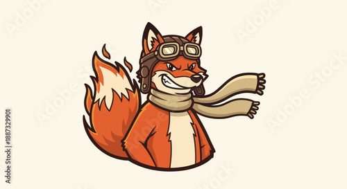 A cartoon fox in aviator gear and scarf, tail aflame, grinning confidently