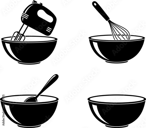 Kitchen mixing bowls silhouettes set with whisk, spoon and hand mixer, baking and cooking preparation illustration isolated on white background for culinary and food design