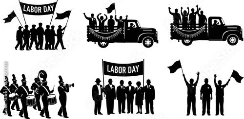 Labor Day celebration silhouette set showing workers marching, parades, banners and community unity, honoring labor movement, d 