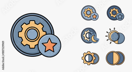 A collection of stylized icons featuring gears, stars, moons, and suns, arranged in various settings