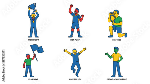 Victory and Celebration Poses Vector Illustration Set. Flat Design Icons of People Achieving Success in Sports and Competition.