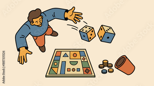 Overhead view illustration of a person rolling dice onto a board game with tokens and a dice cup, leisure activity concept.