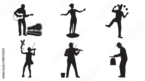 Street Performers Silhouettes Playing Guitar Violin Juggling Balancing Vector