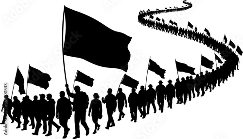 Large protest march silhouette with people carrying flags forming a winding crowd line, representing unity, activism, freedom, and political movement in 