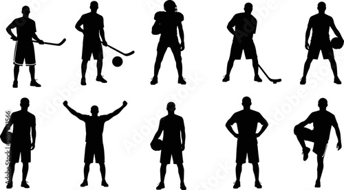 Male athlete silhouette collection showing hockey, basketball, and football players in various standing and action poses, black sports figures isolated on white background illustration set