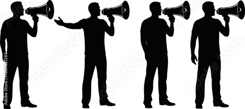 Man with megaphone silhouette vector illustration set isolated on white background, public announcement, leadership, protest and communication concepts for marketing, 