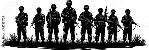 Military soldier silhouettes lineup with armed troops, tactical gear and weapons, army patrol concept in bold black vector illustration on white background design