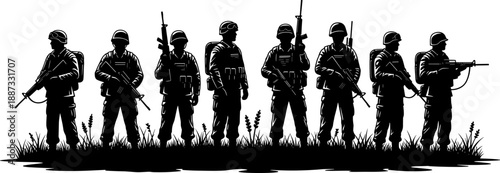 Military soldiers silhouette lineup with rifles and helmets, armed forces teamwork concept, tactical infantry squad illustration isolated on white background for security and defense themes