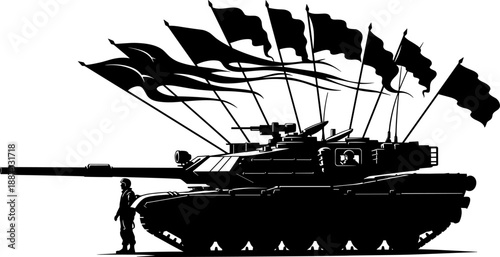 Military tank silhouette with waving flags and standing soldier, symbolizing national defense, armed forces strength, modern warfare, battlefield power, military technology, and patriotic symbolism