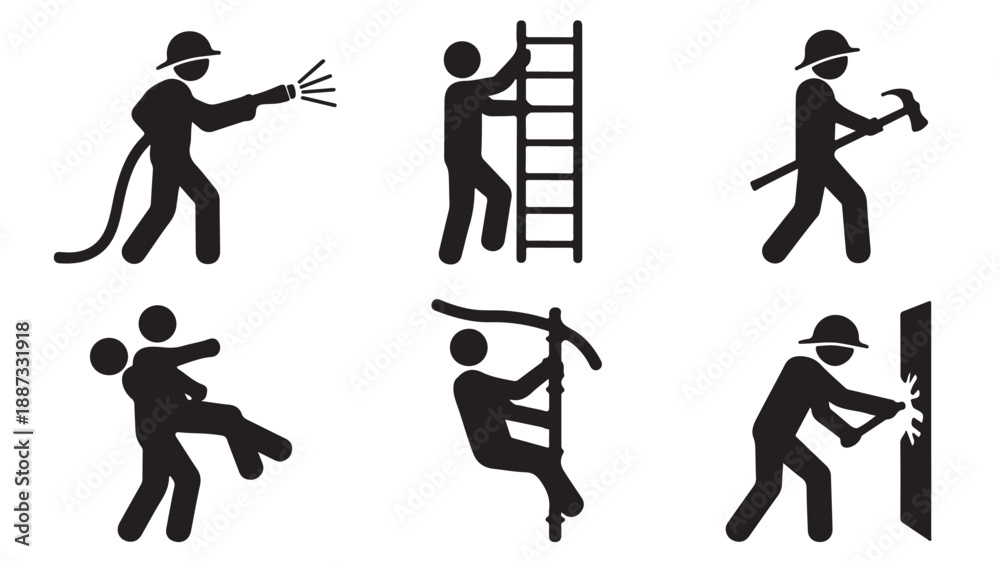 Obraz premium Firefighter and Rescue Worker Icons Dynamic Essential Black and White Vector Silhouettes for Emergency Services and Safety Information Design