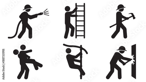 Firefighter and Rescue Worker Icons Dynamic Essential Black and White Vector Silhouettes for Emergency Services and Safety Information Design