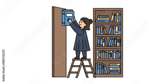 Illustration of a Woman Reaching for a Book on a High Shelf in a Library