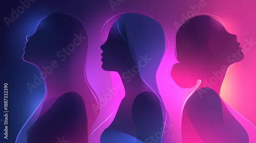 Radiant Portraits of Women: A captivating display of three womanly figures, their silhouettes illuminated by a vibrant fusion of blue and magenta hues, showcasing an ode to feminism, unity.