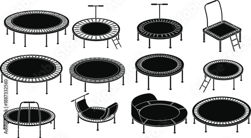 Black and white trampoline silhouette set showing different shapes, sizes, safety handles, and ladders, perfect for fitness, playground, recreation, and sports equipment design concepts