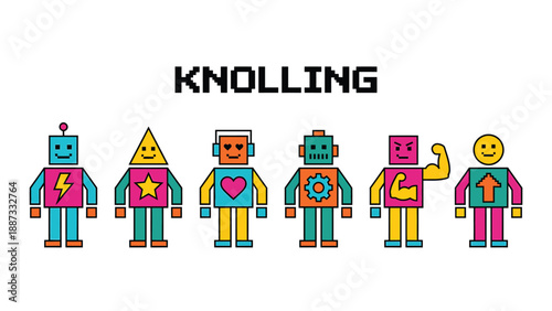 Knolling concept with diverse colorful geometric robots in a row, flat vector illustration