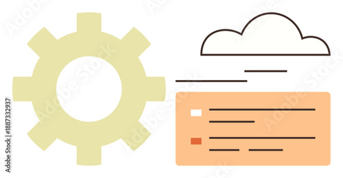 Cloud computing, automation, data processing, digital storage, system optimization, tech services. A gear, cloud icon and data interface. Cloud computing and automation concept