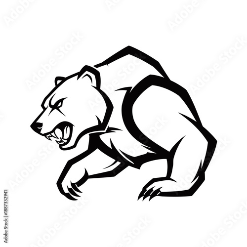 A fierce black and white illustration of a grizzly bear in a predatory stance.