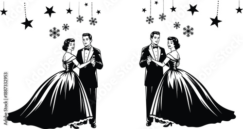 Vintage ballroom dancing couple illustration with elegant formal attire, romantic retro style, black and white silhouette artwork, stars and snowflakes decoration concept