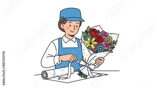 Florist Arranging Bouquet: Cartoon Style Illustration