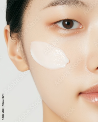 Asian Woman Applying Facial Cream on Smooth Skin, Beauty Skincare Close-Up